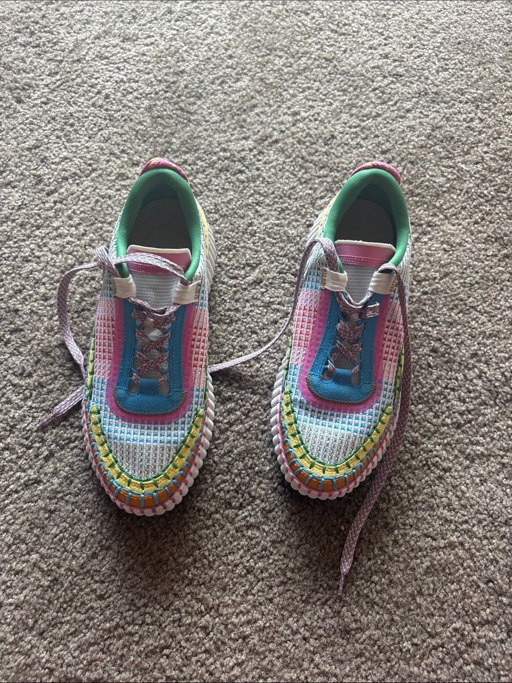 Chloe Woven Platform Sneaker in White and Tan with Pink Accents - Picture 3 of 4